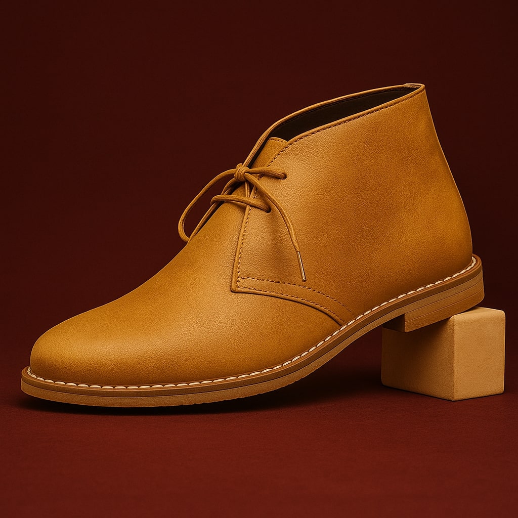 Single golden tan leather Benjamin chukka boot propped against a matching wooden block on dark red backdrop