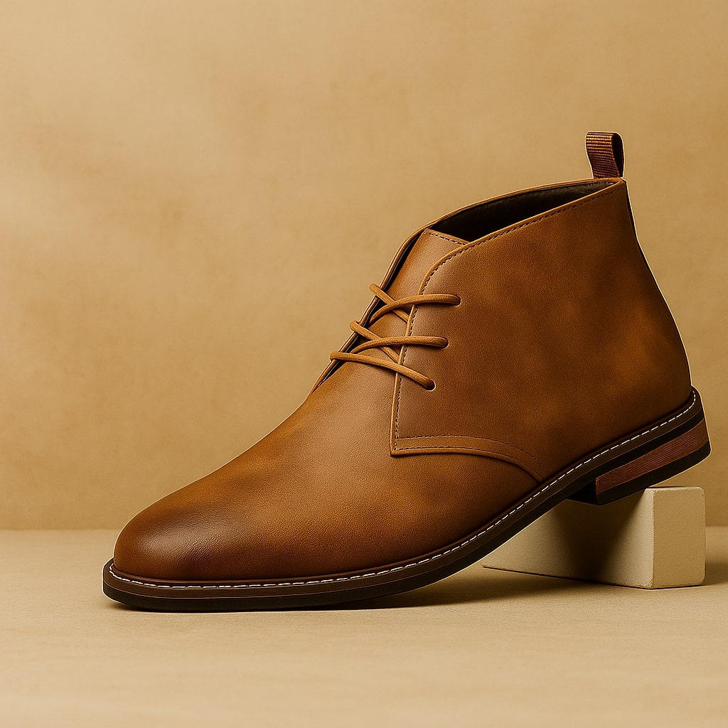 Single tan leather Benjamin chukka boot with lace-up front, propped against a wooden block on tan backdrop