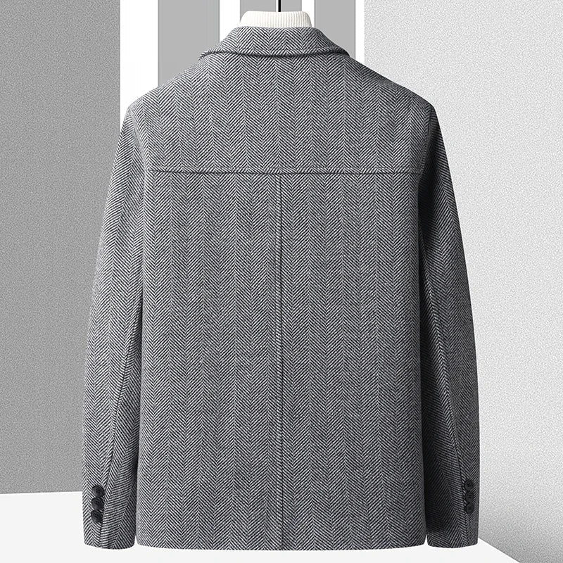 Back view of a men's gray textured wool jacket featuring a clean tailored silhouette, long sleeves, and structured back panel.