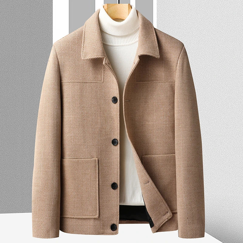 Men's beige textured wool jacket with a button-front closure, spread collar, patch pockets, and classic tailored silhouette.