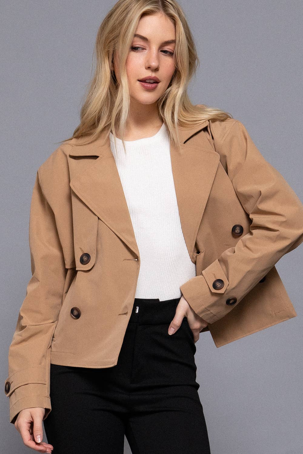 Bettina Woven Cropped Trench Jacket – Double-Breasted Notched-Collar Outerwear