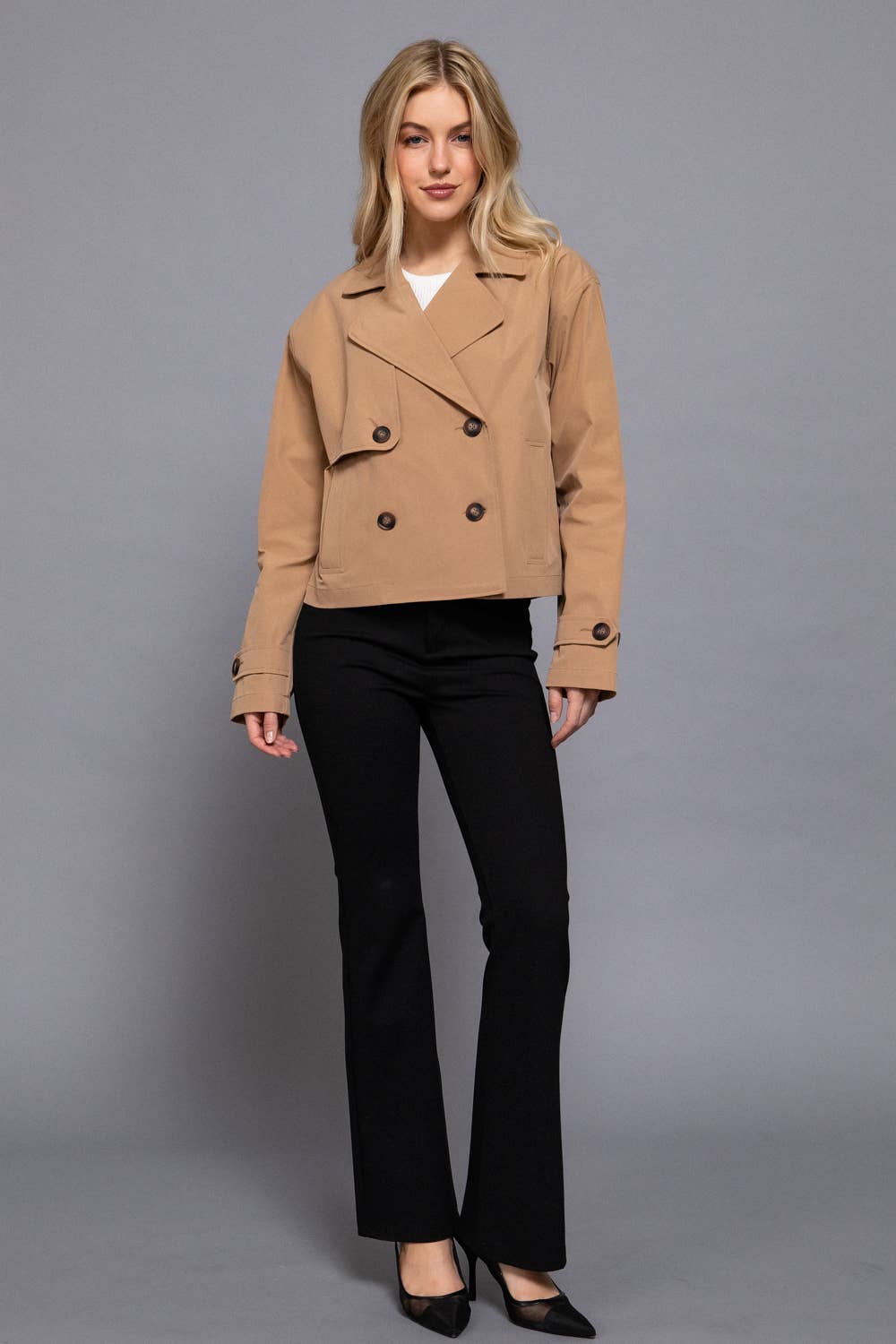 Bettina Woven Cropped Trench Jacket – Double-Breasted Notched-Collar Outerwear
