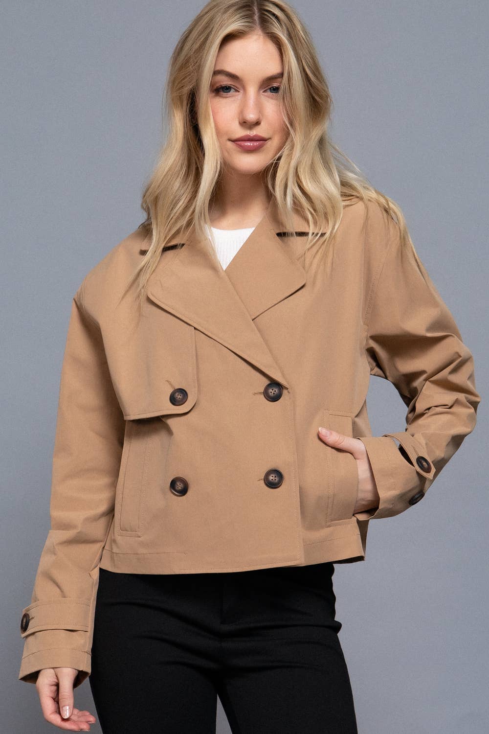 Bettina Woven Cropped Trench Jacket – Double-Breasted Notched-Collar Outerwear
