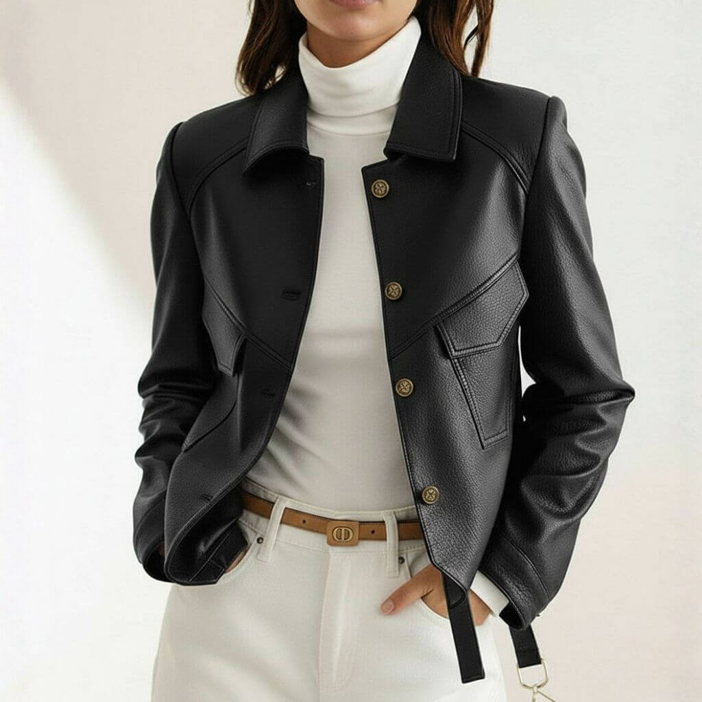 Model styling the black leather jacket open over a white turtleneck and trousers with a tan belt