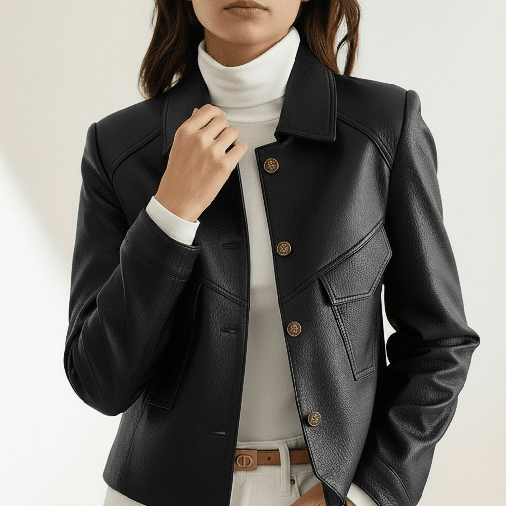 Close-up of black leather jacket collar and button placket showing hardware and stitching detail