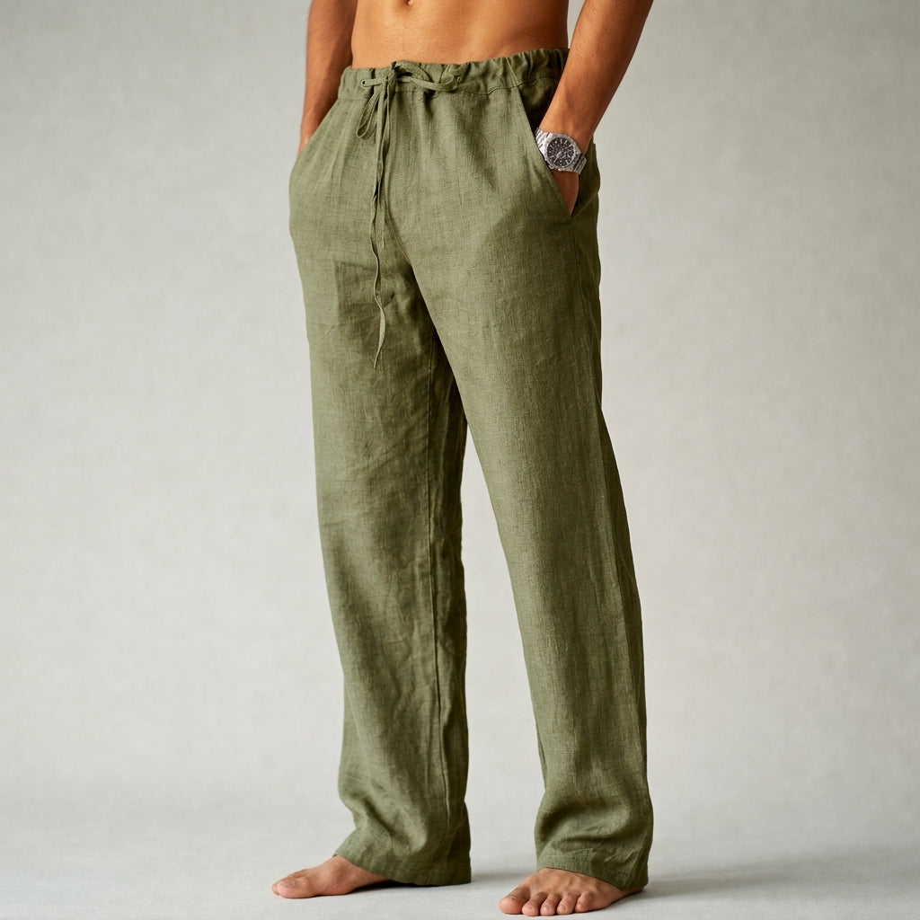 Men's olive green linen drawstring pants featuring a relaxed wide-leg fit and breathable linen fabric.