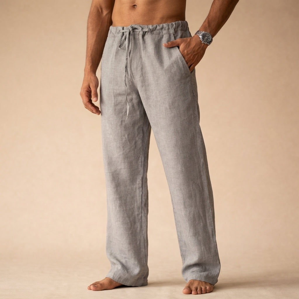Men's light gray linen drawstring pants featuring a comfortable elastic waistband, relaxed fit, and lightweight linen fabric.