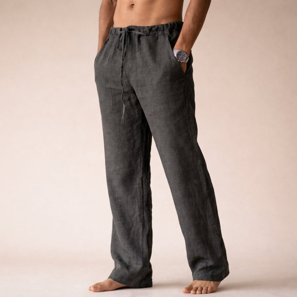 Men's dark gray linen drawstring pants featuring a relaxed straight-leg fit, elastic waistband, and breathable linen material.