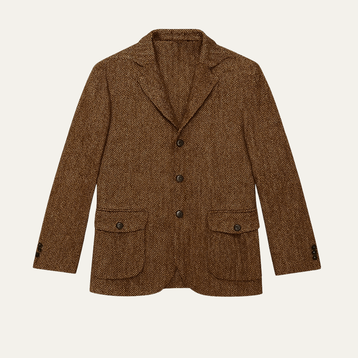 Men's brown tweed blazer with a notched lapel, two-button front, flap pockets, structured shoulders, and a classic tailored silhouette.