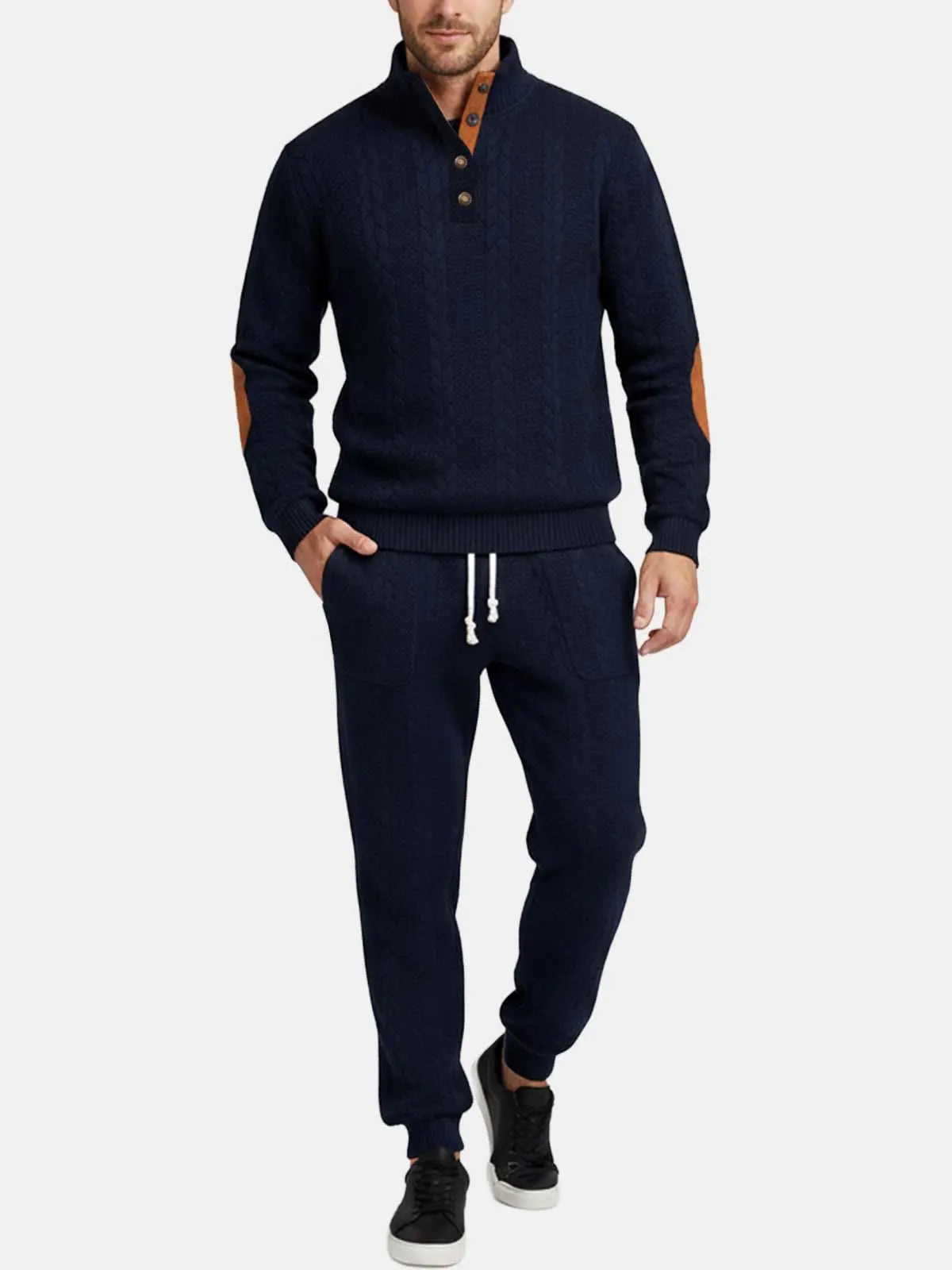 Men's navy quarter-zip sweatshirt with matching jogger pants featuring a drawstring waistband and relaxed athletic fit.