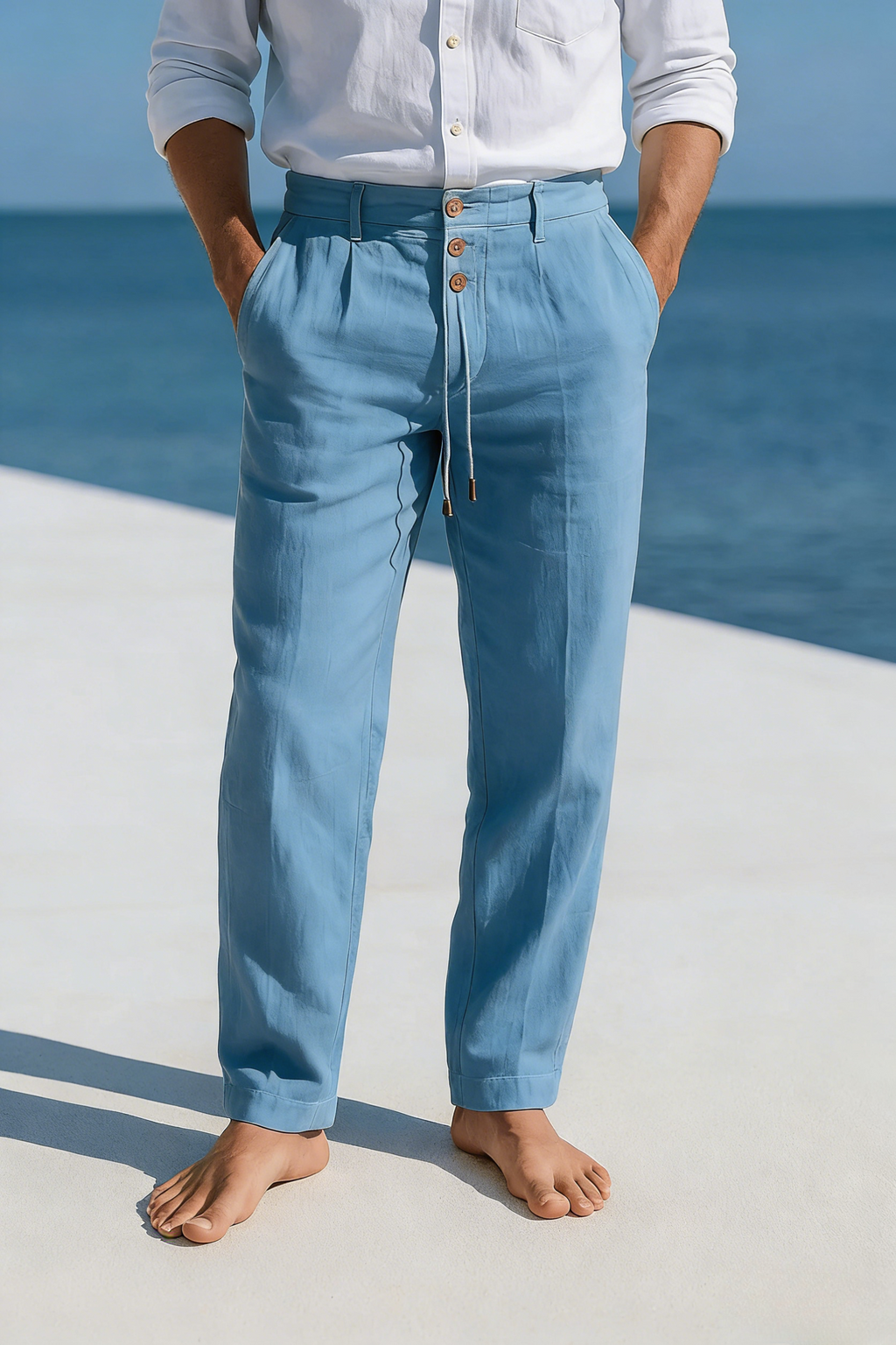 Man wearing light blue linen drawstring pants featuring a relaxed straight-leg fit and breathable linen fabric.