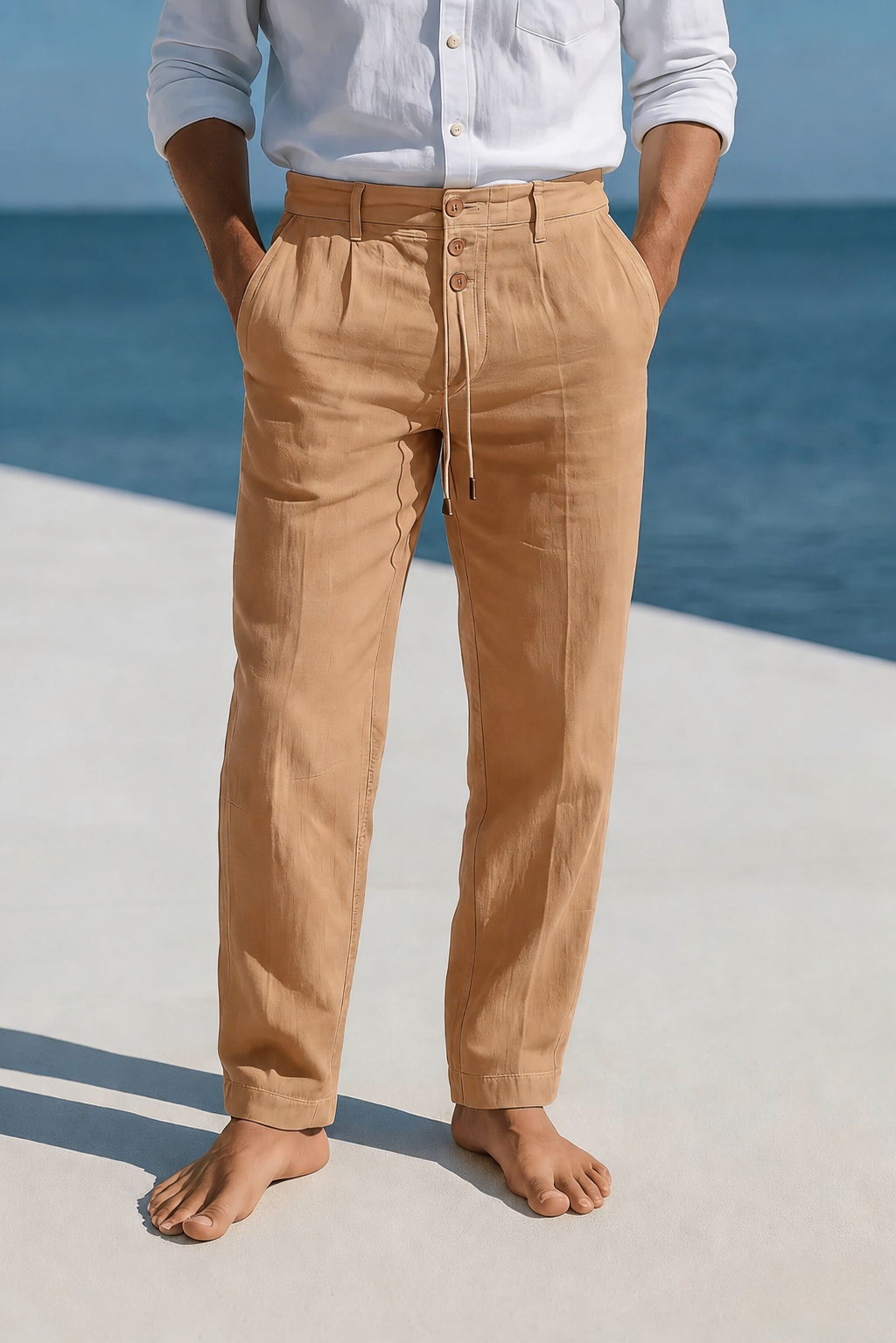 Man wearing khaki linen drawstring pants with a relaxed straight-leg fit and breathable natural fabric.