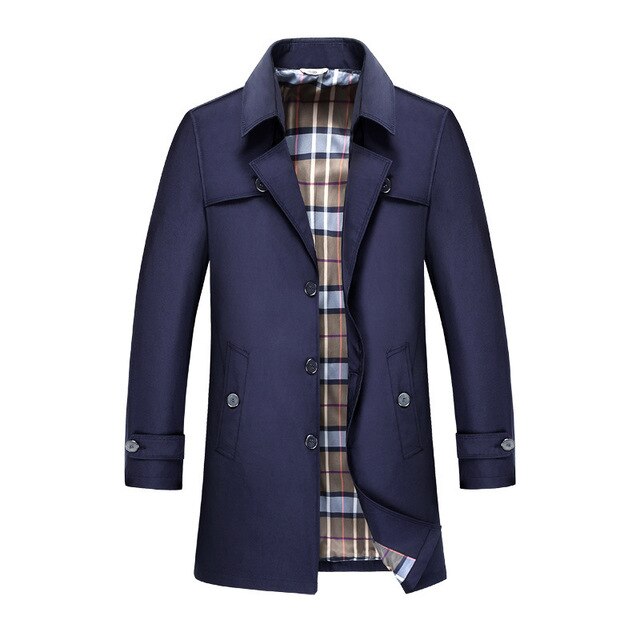 Navy blue mid-length trench coat with a structured lapel, button-front closure, and a distinctive checked interior lining.