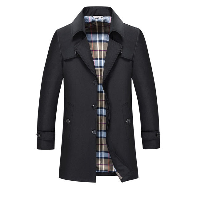 Black mid-length double-breasted trench coat with a structured lapel, button closure, and a classic checked interior lining.