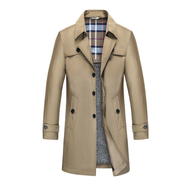 Beige double-breasted trench coat with a structured lapel, button-front closure, and distinctive checked interior lining.