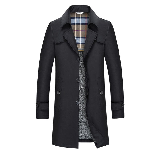 Black mid-length double-breasted trench coat with a structured lapel, button-front closure, and classic checked lining.