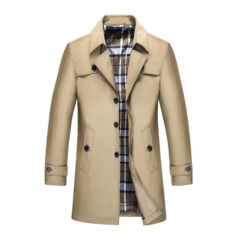 Beige mid-length trench coat with a double-breasted button front, structured lapels, and a classic checked interior lining.