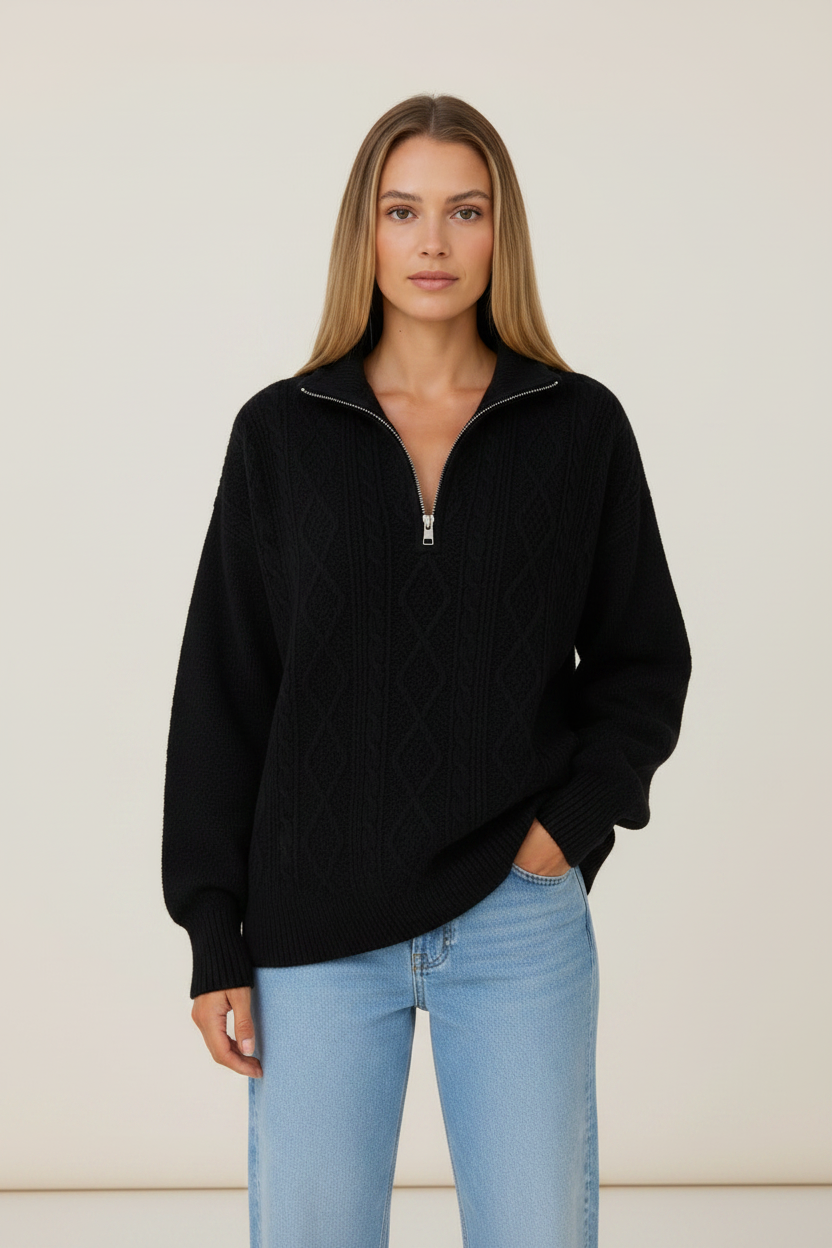 Black half-zip pullover worn by a female model, front view