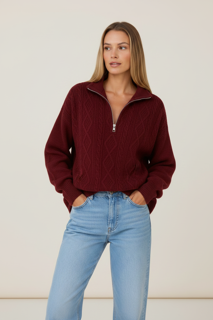 Burgundy half-zip pullover worn by a female model, front view