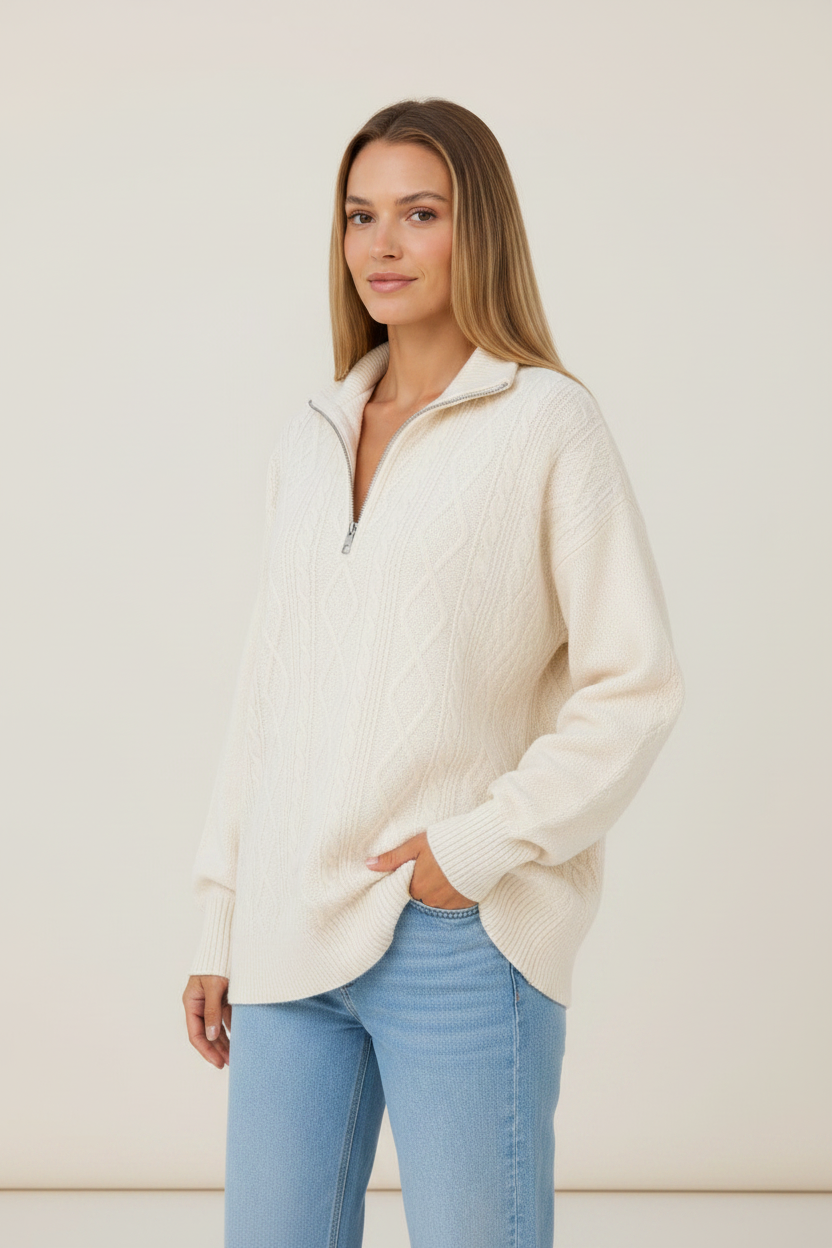 Cream cable knit half-zip pullover worn by a female model, front view