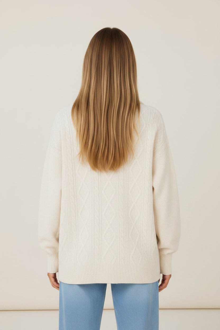 Cream cable knit half-zip pullover worn by a female model, back view