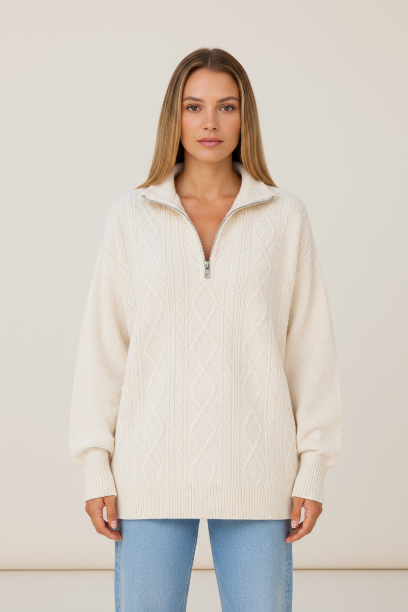 Cable knit half-zip pullover worn by a female model in cream, front view