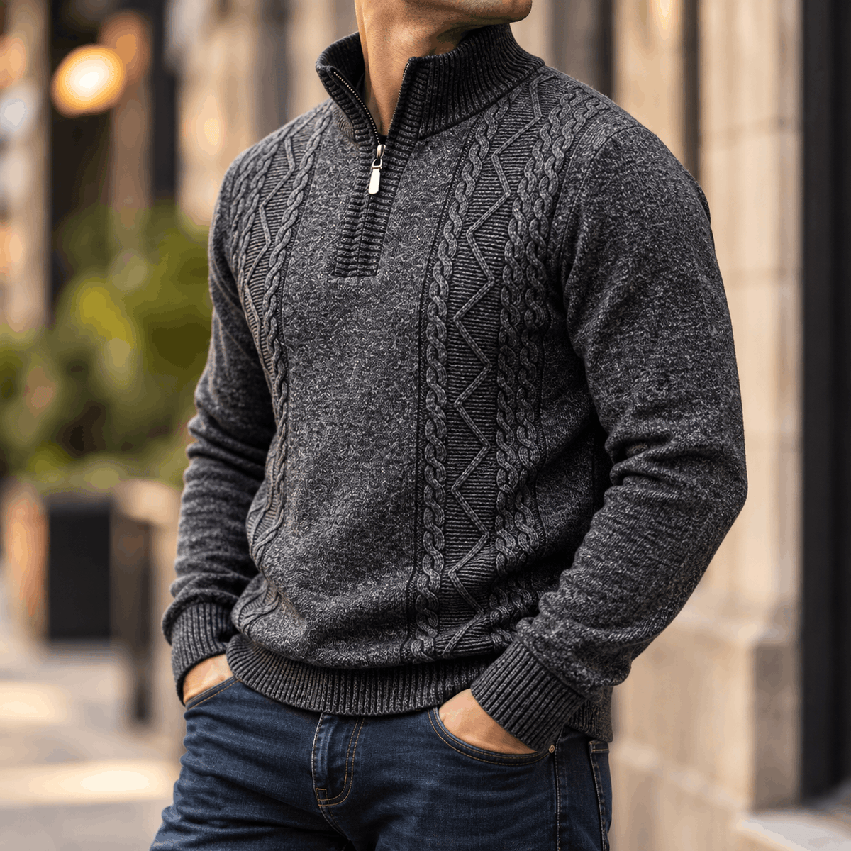 Dark gray cable-knit quarter-zip sweater featuring diamond panels, a ribbed stand collar, and a regular fit.