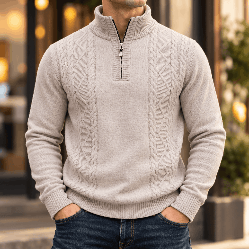 Beige cable-knit quarter-zip sweater with diamond textured panels, ribbed stand collar, and cuffs in a regular fit.