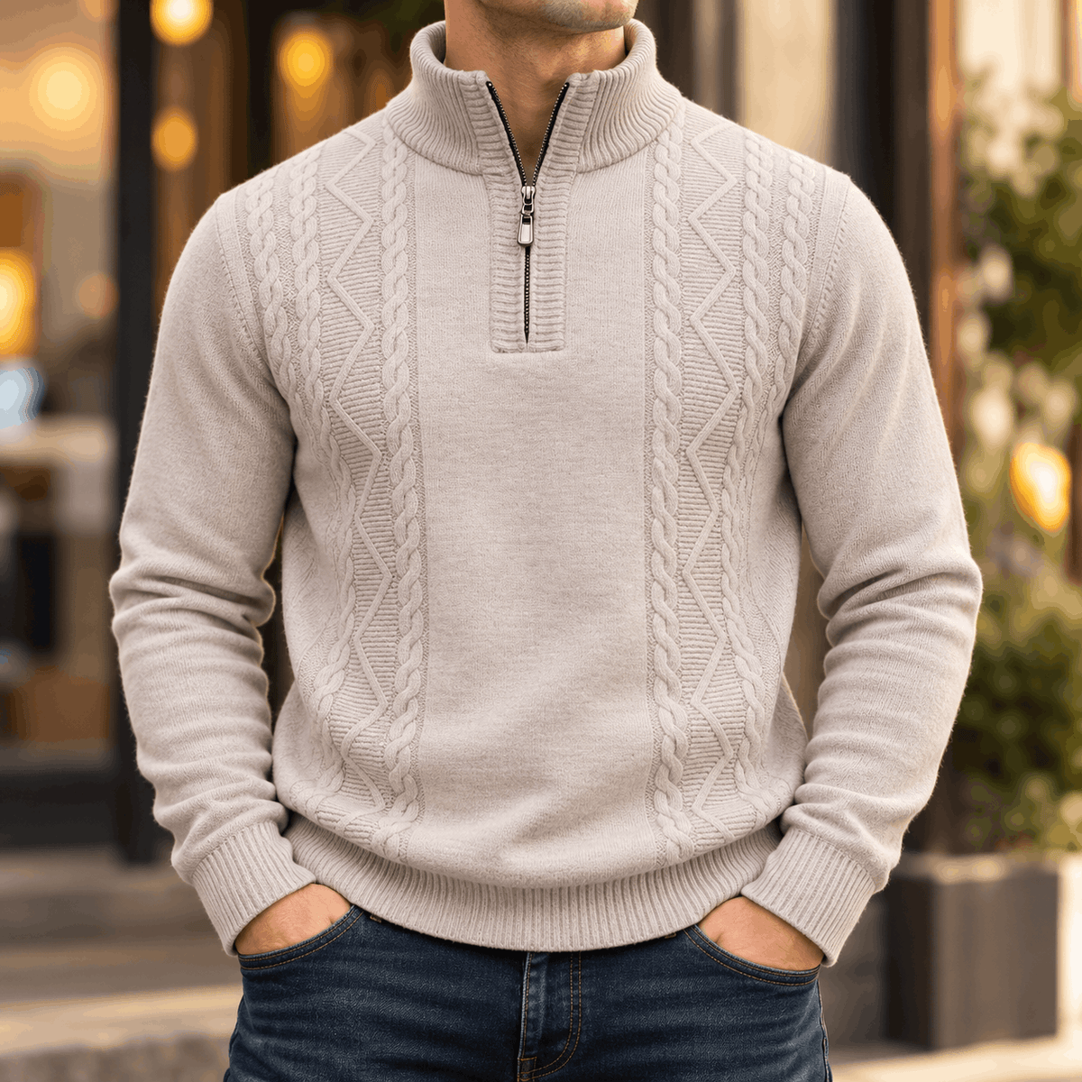 Beige cable-knit quarter-zip sweater with diamond textured panels, ribbed stand collar, and cuffs in a regular fit.
