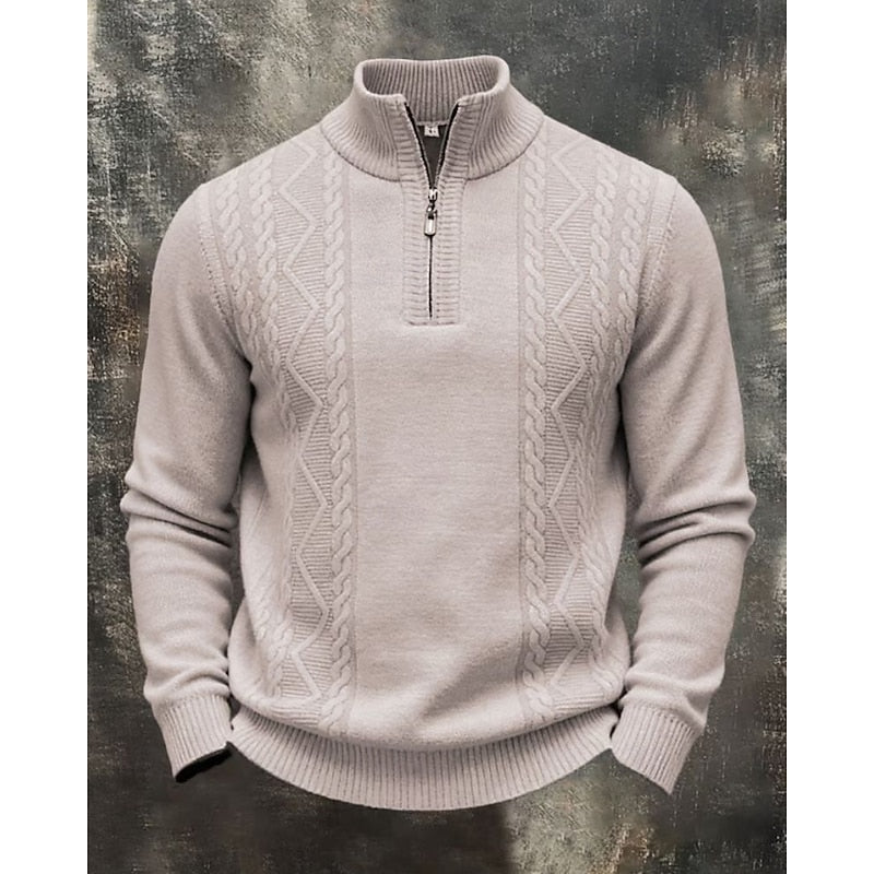 Beige cable-knit quarter-zip sweater featuring textured diamond panels, a ribbed stand collar, and a regular fit.