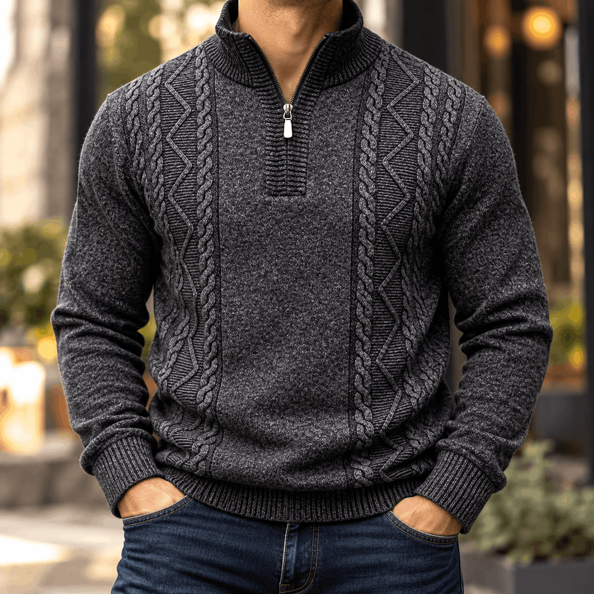 Dark gray cable-knit quarter-zip sweater with diamond panels, ribbed stand collar, and regular fit, worn with blue jeans.