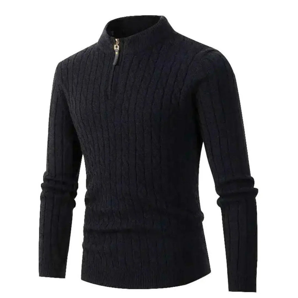 Black cable knit quarter-zip sweater with a ribbed mock neck and tailored, slim-fit silhouette.