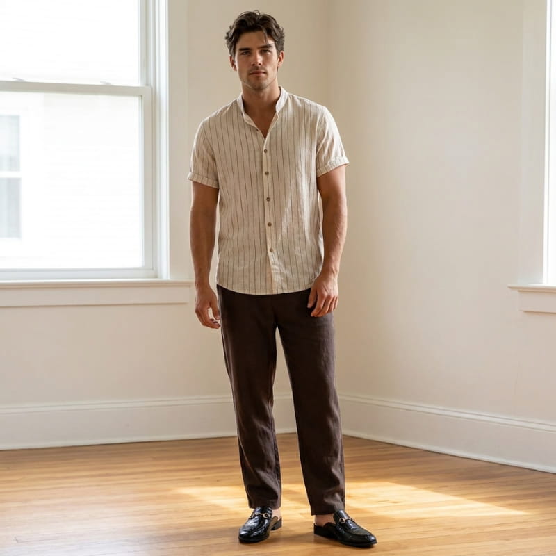 Man in striped short-sleeve shirt and brown trousers standing in a bright room wearing black croc-embossed mule loafers