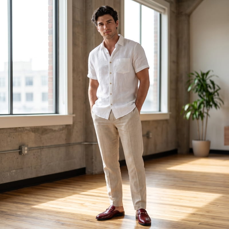 Man in white short-sleeve shirt and cream trousers standing in a sunlit loft wearing burgundy croc-embossed mule loafers