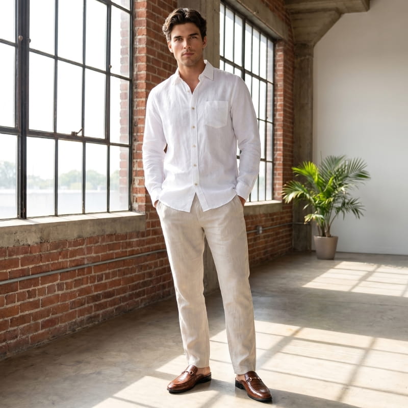 Man in white linen shirt and cream trousers standing by a brick wall wearing brown croc-embossed mule loafers