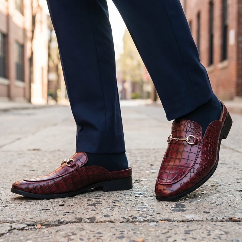 Legs in navy trousers wearing burgundy croc-embossed mule loafers, mid-stride on a cobblestone city street