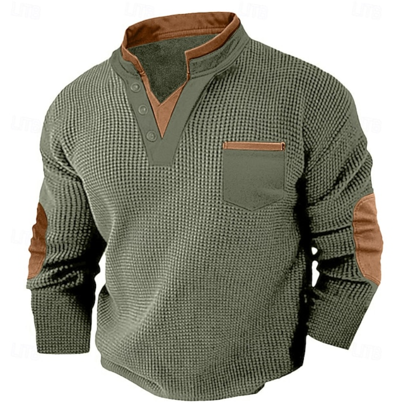 Men's sage green waffle knit Henley sweater with a stand collar, chest pocket, contrast trim, and elbow patch details.