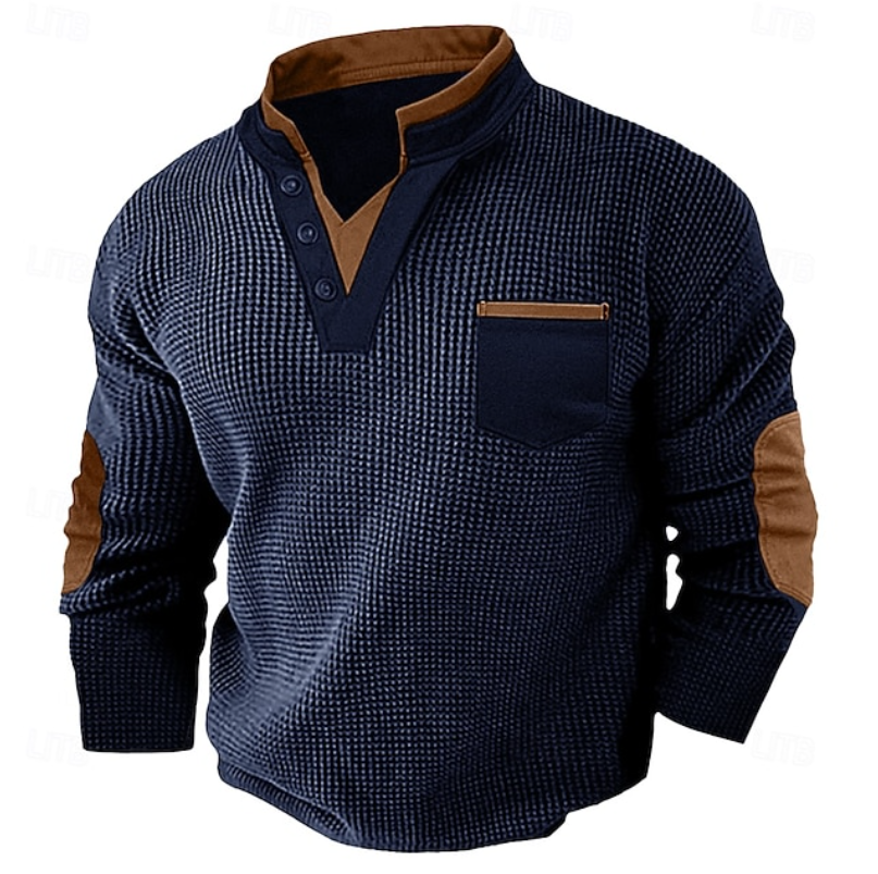 Men's navy blue waffle knit Henley sweater featuring a stand collar, contrast trim, chest pocket, and long sleeves.