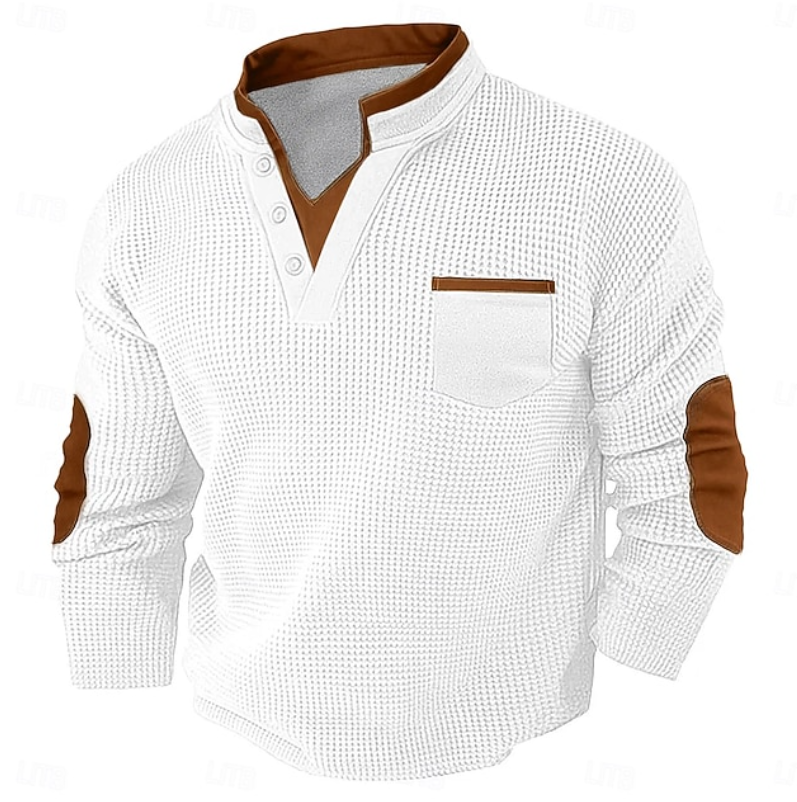 Men's white waffle knit Henley sweater with a stand collar, chest pocket, contrast trim, and long sleeves.