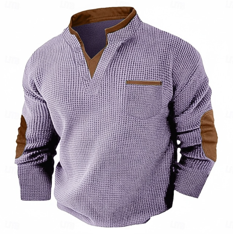 Men's lavender waffle knit Henley sweater with a stand collar, contrast trim, chest pocket, and long sleeves.