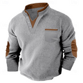 Men's light gray waffle knit Henley sweater with a stand collar, contrast trim, chest pocket, elbow patches, and long sleeves.