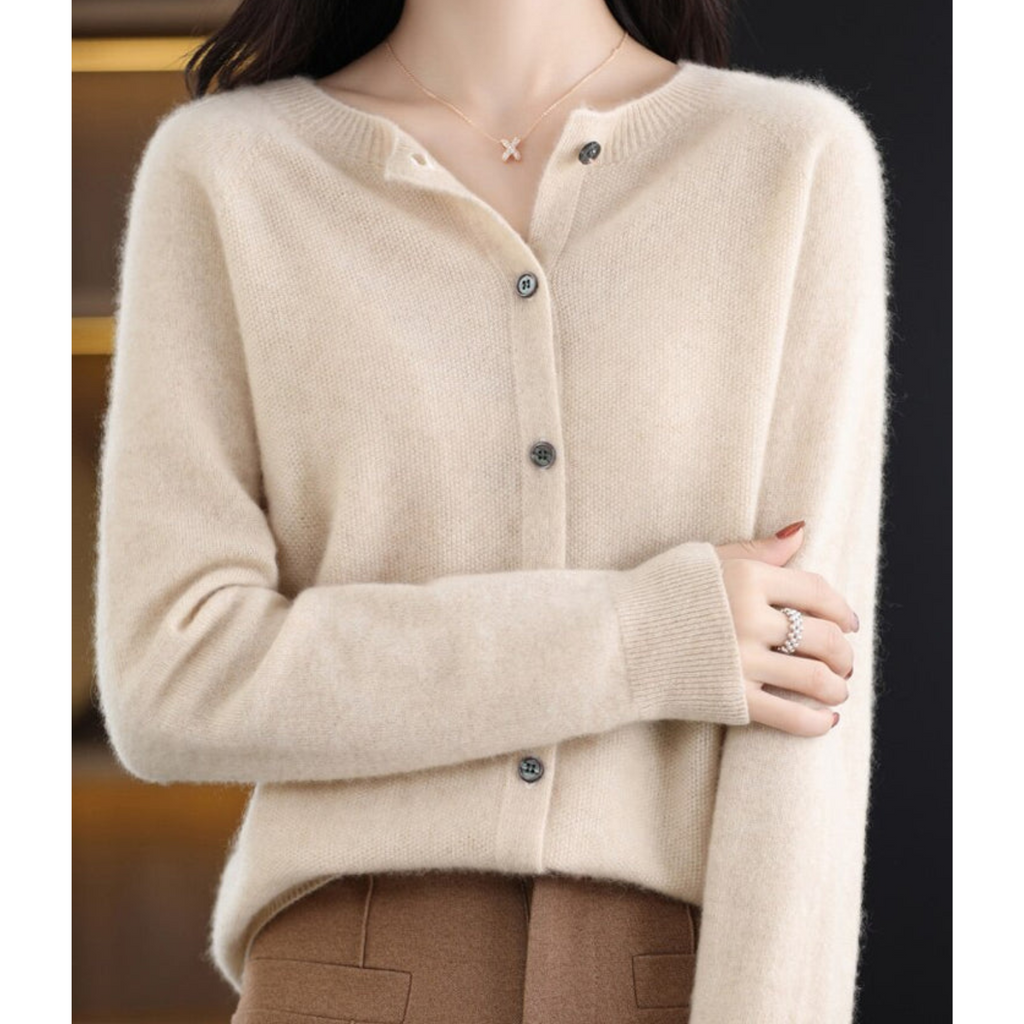 Camille Merino Wool Cardigan – O-Neck Full-Button Lightweight Knit Sweater