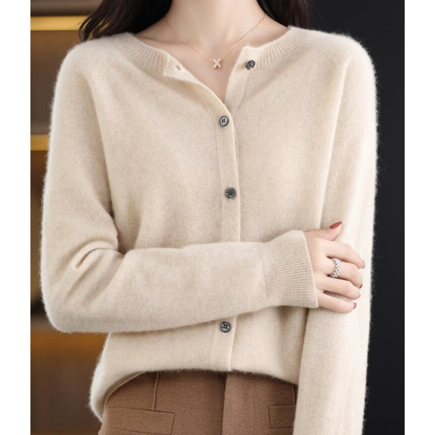 Camille Merino Wool Cardigan – O-Neck Full-Button Lightweight Knit Sweater