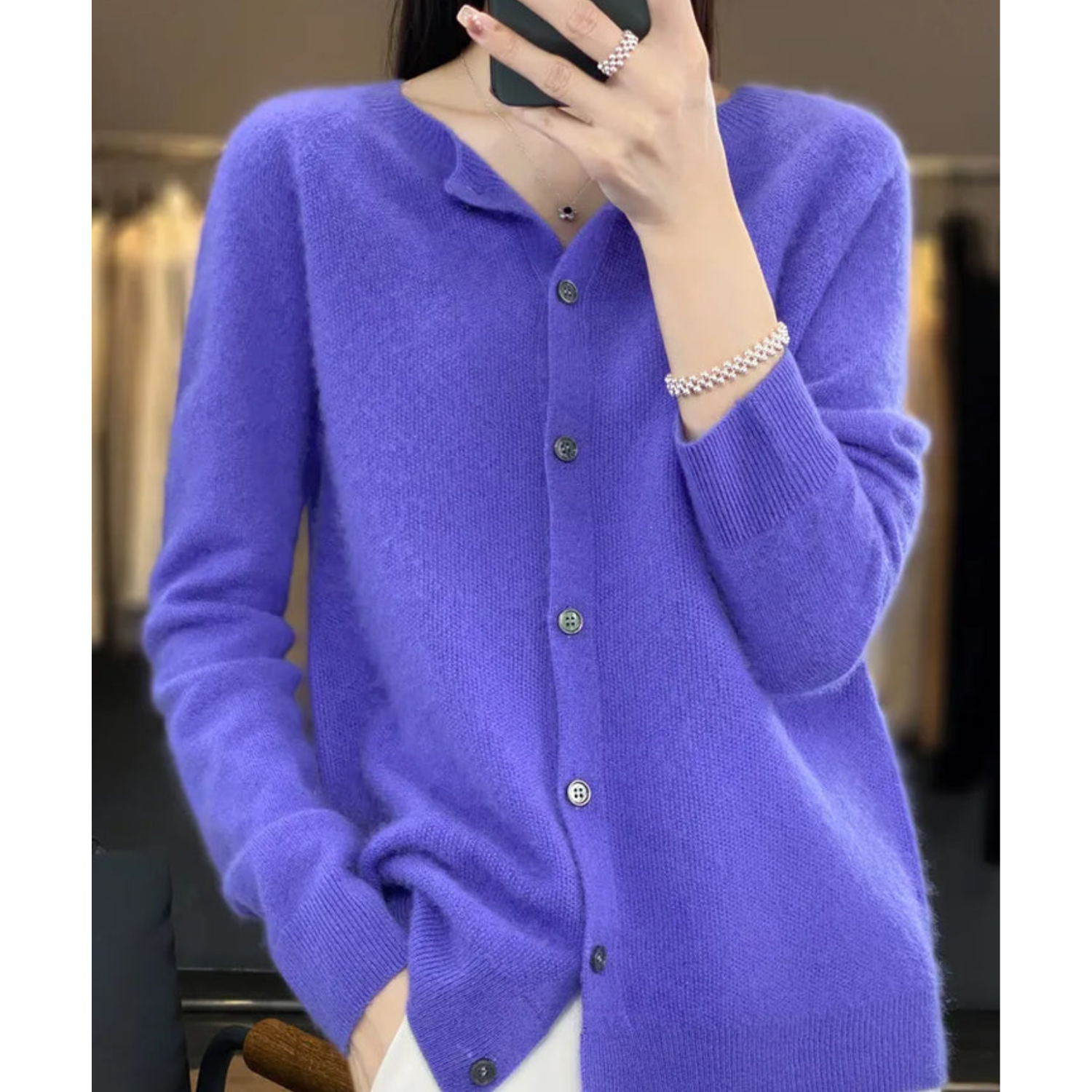Camille Merino Wool Cardigan – O-Neck Full-Button Lightweight Knit Sweater