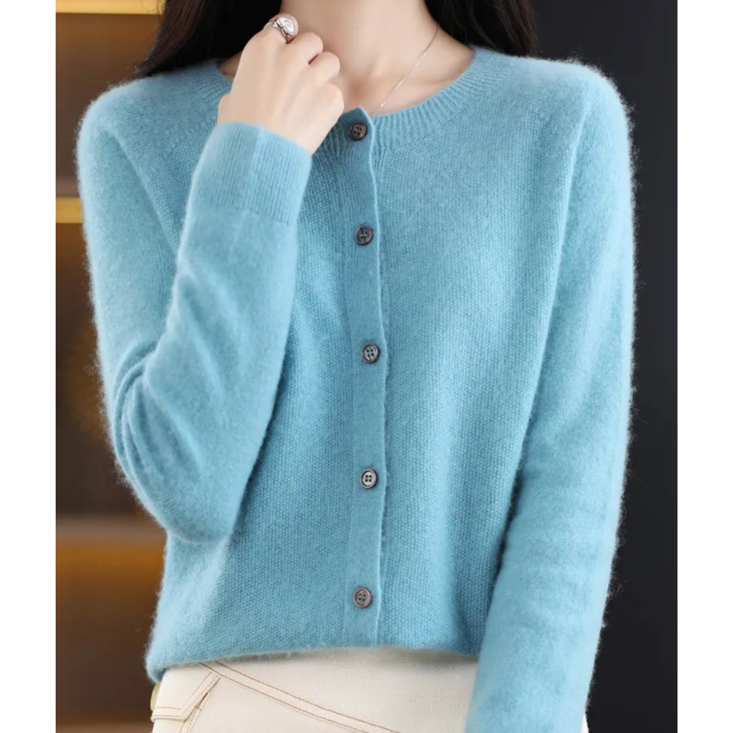 Camille Merino Wool Cardigan – O-Neck Full-Button Lightweight Knit Sweater