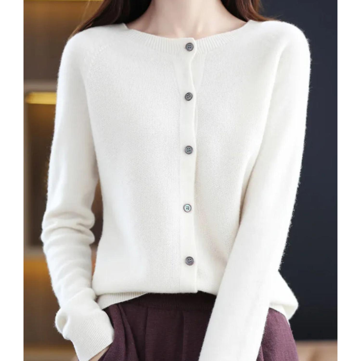 Camille Merino Wool Cardigan – O-Neck Full-Button Lightweight Knit Sweater