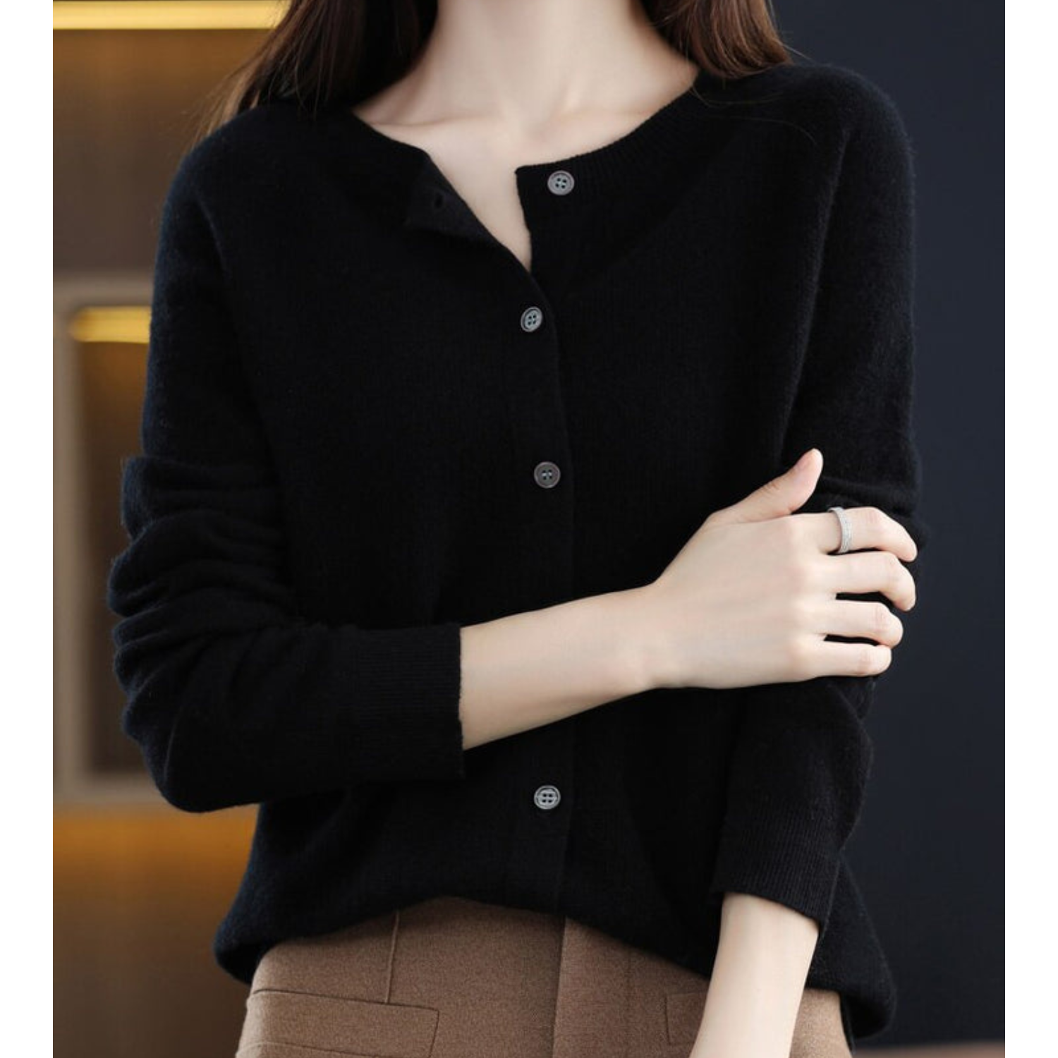 Camille Merino Wool Cardigan – O-Neck Full-Button Lightweight Knit Sweater
