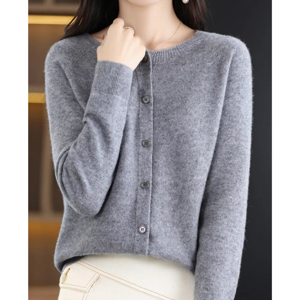 Camille Merino Wool Cardigan – O-Neck Full-Button Lightweight Knit Sweater