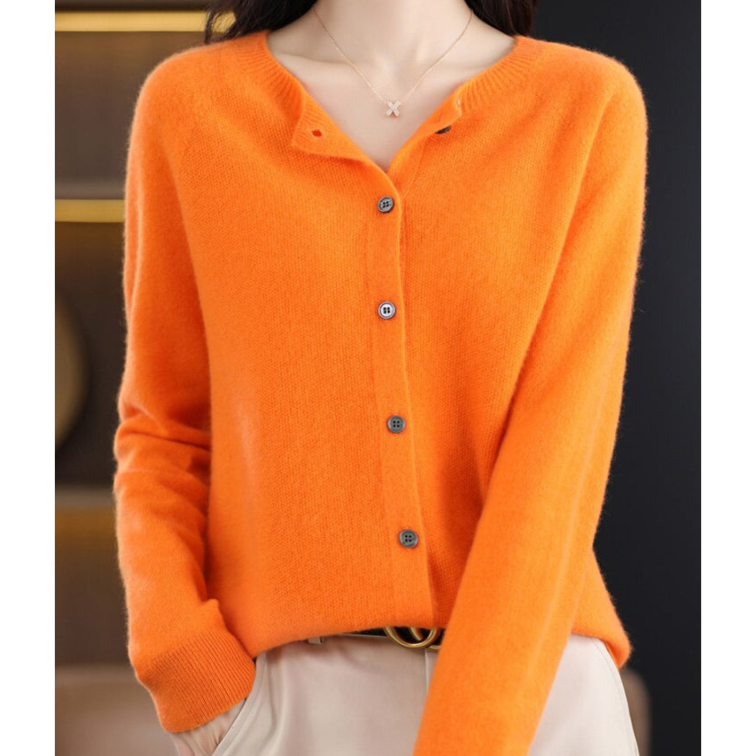 Camille Merino Wool Cardigan – O-Neck Full-Button Lightweight Knit Sweater