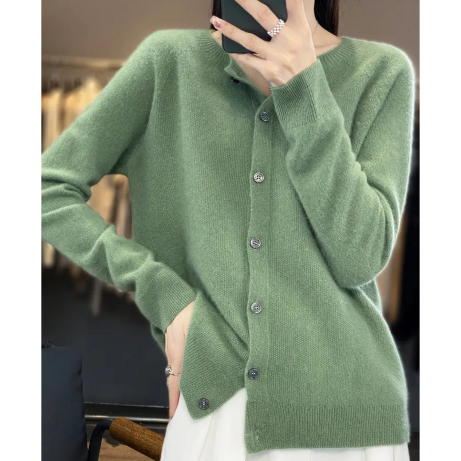 Camille Merino Wool Cardigan – O-Neck Full-Button Lightweight Knit Sweater